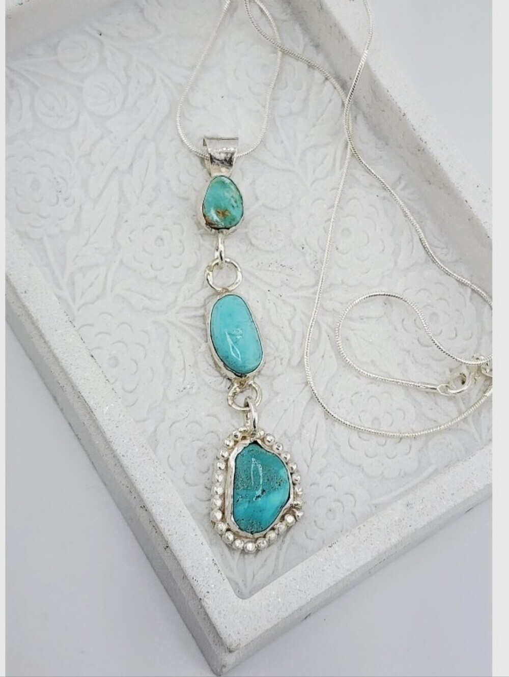 3 TURQUOISE NECKLACE HANDMADE WITH STERLING SILVER RECYCLED METAL W/S. S. CHAIN